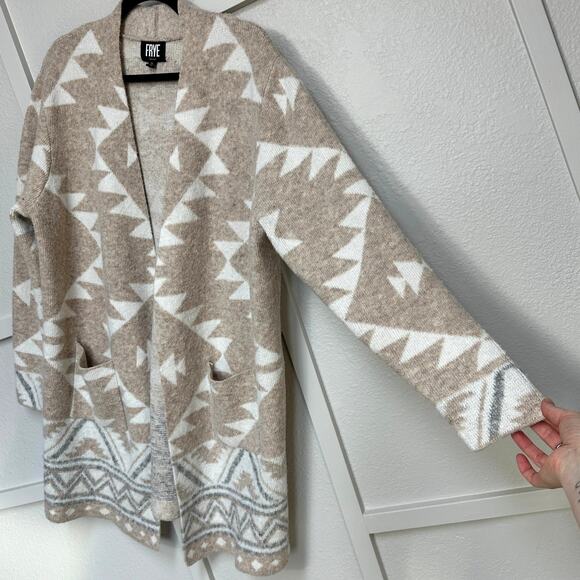 FRYE Cozy Aztec Print Jacquard Luxe Open Front Cardigan Patch Packets Sz: XL - Picture 2 of 6